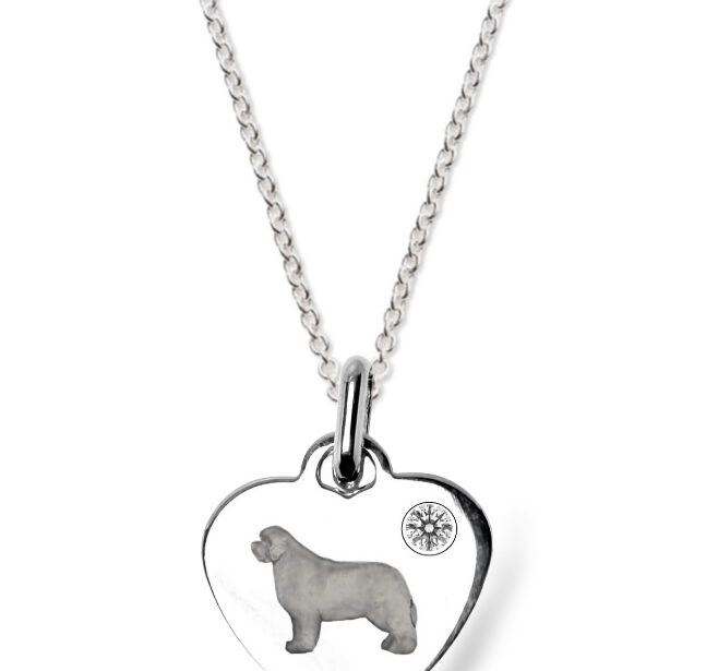 Sterling silver flat heart with lab diamond Newfoundland Necklace