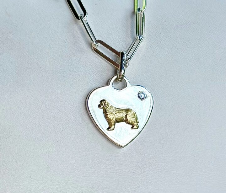 Newfoundland Flat Heart Pendant onPaper Clip chain - Sterling and Solid 18ktyg